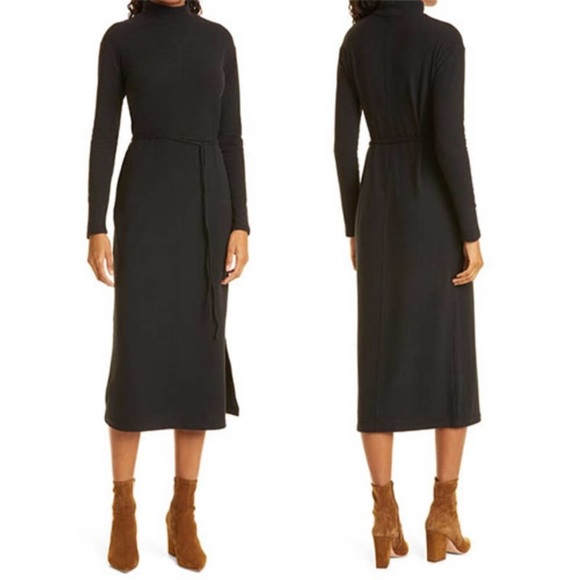 Vince Women's Long Sleeve Waist Tie Mock Neck Knit Dress Black Size Medium - Picture 1 of 9